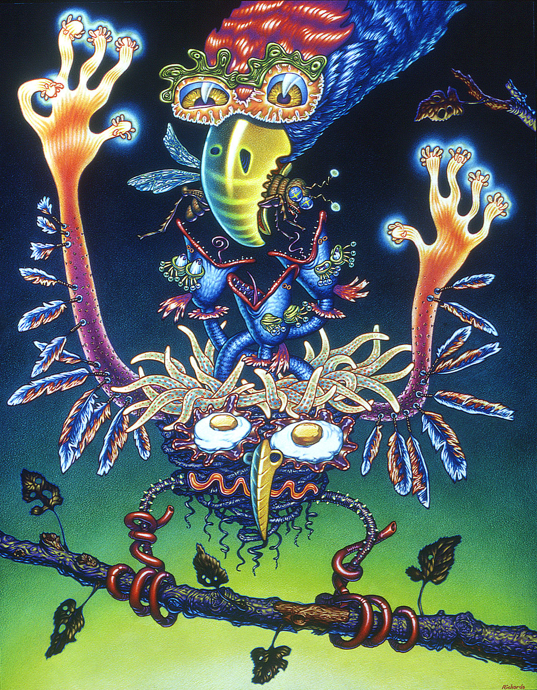 "Mother Feeding Baby 3-Headed Scarecrow", colored pencils over watercolor on paper
