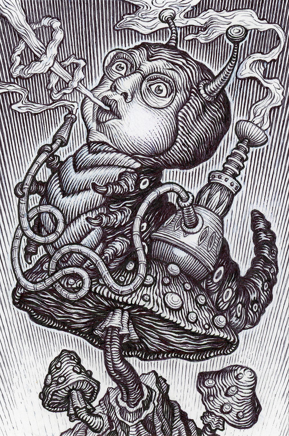 "Self-Portrait as Alice's Caterpillar",  ink and white gouache on bristol board