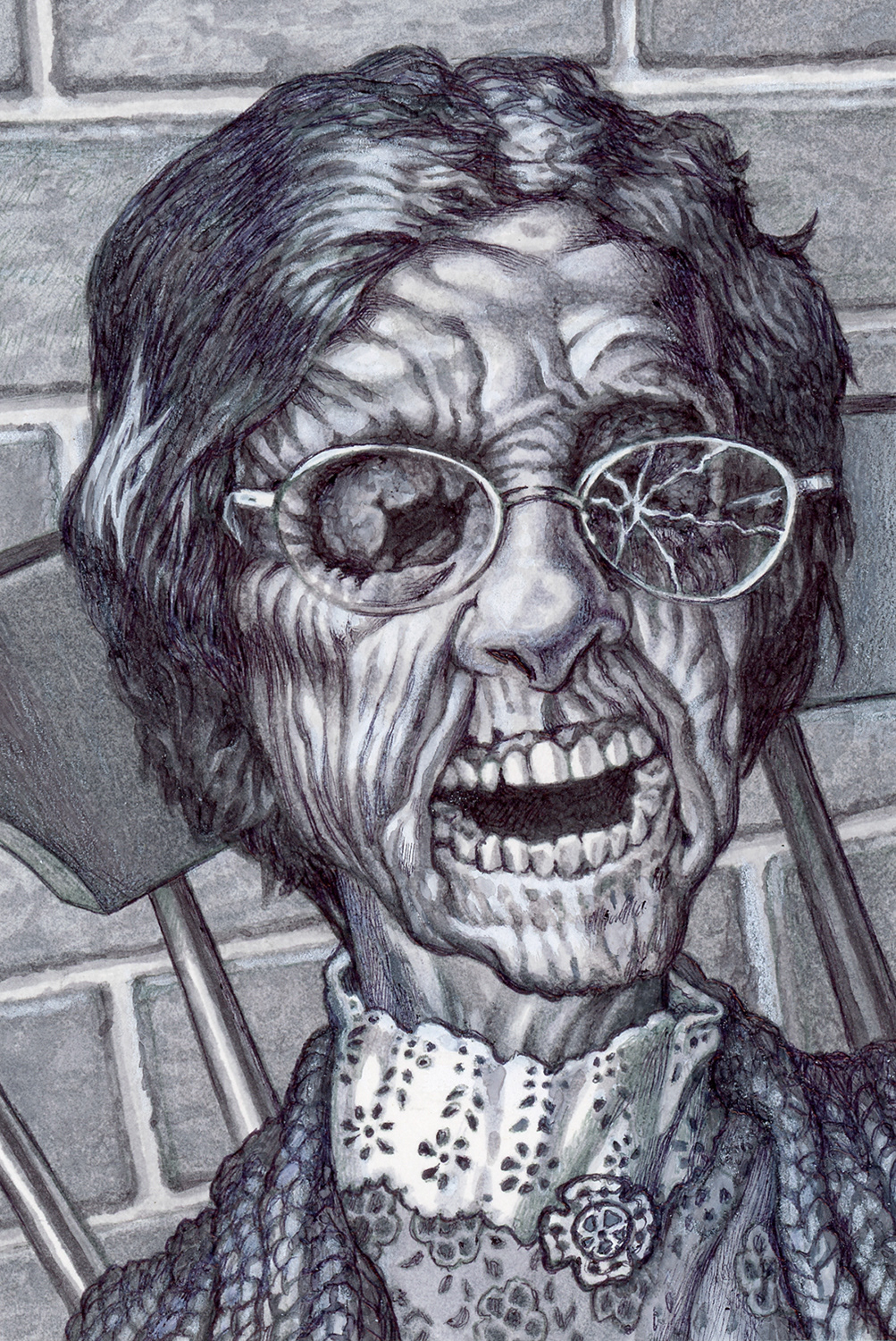"Self-Portrait as Norman's Mother"   ink and white pencil on bristol board