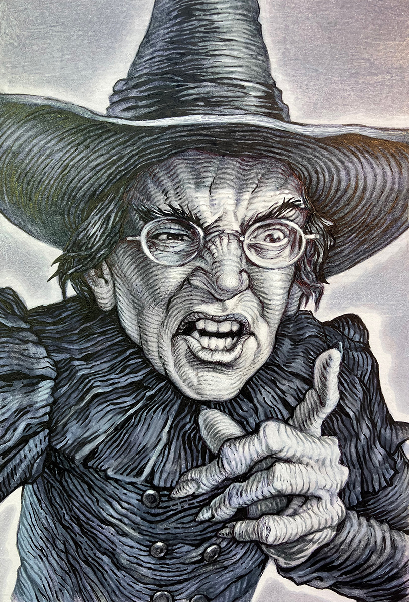 "Self-Portrait as the Wicked Witch of the West",  ink on bristol board