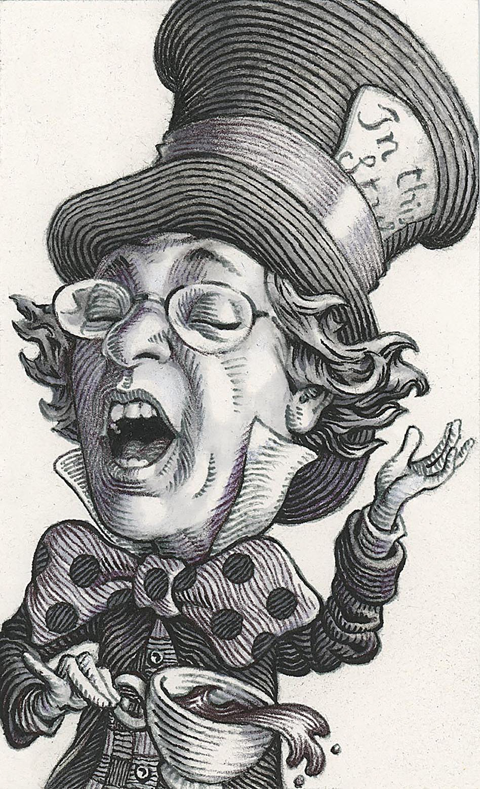 "Self-Portrait as the Mad Hatter ", pen and markers on bristol board