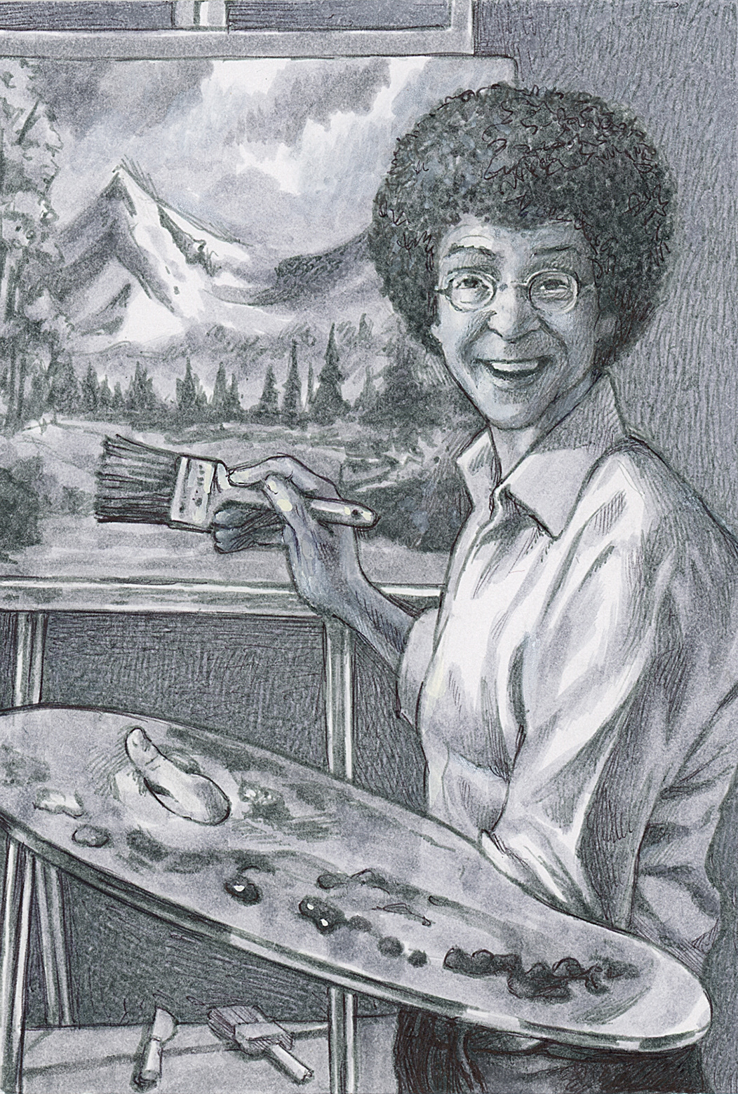"Self-Portrait as Bob Ross", ballpoint pen on bristol board