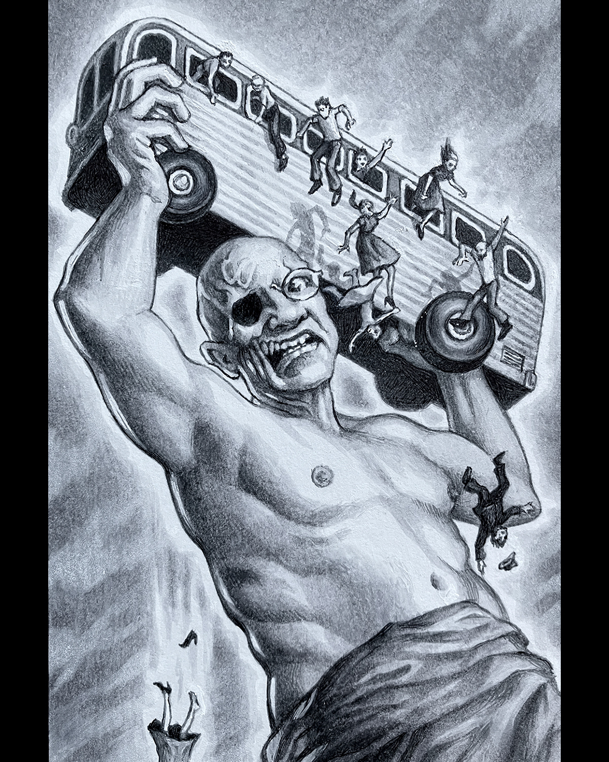 "Self-Portrait as the Amazing Colossal Man",  ink, white colored pencil and white gel pen on bristol board
