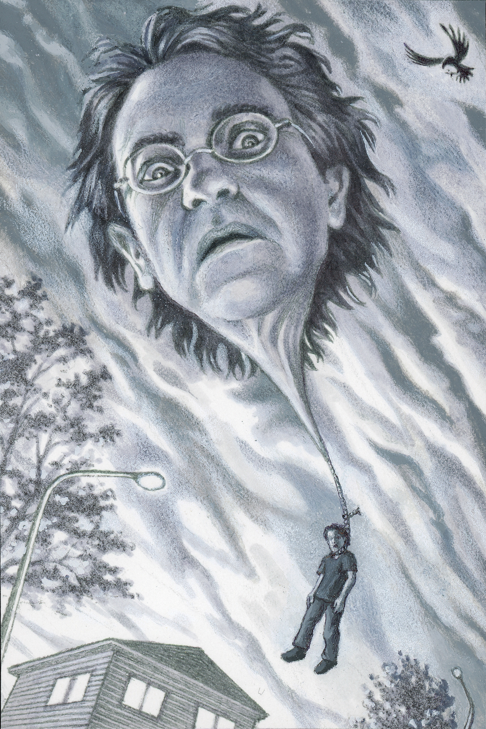 "Self-Portrait with my Junji Ito Hanging Head Balloon",  ink and white media on bristol board