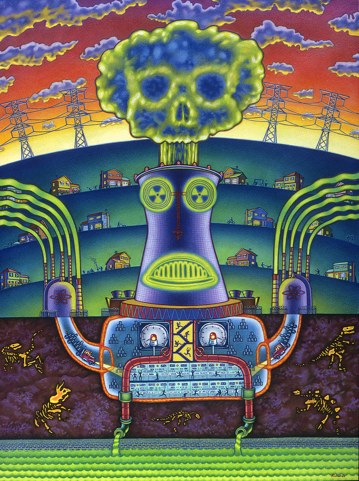 "Nuclear Scarecrow", colored pencils over watercolor on paper