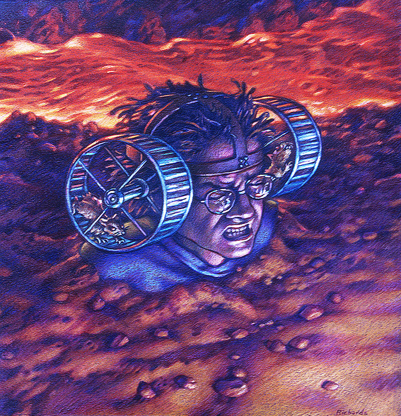 "Squeaky Wheel Insomniac", colored pencils on magenta paper