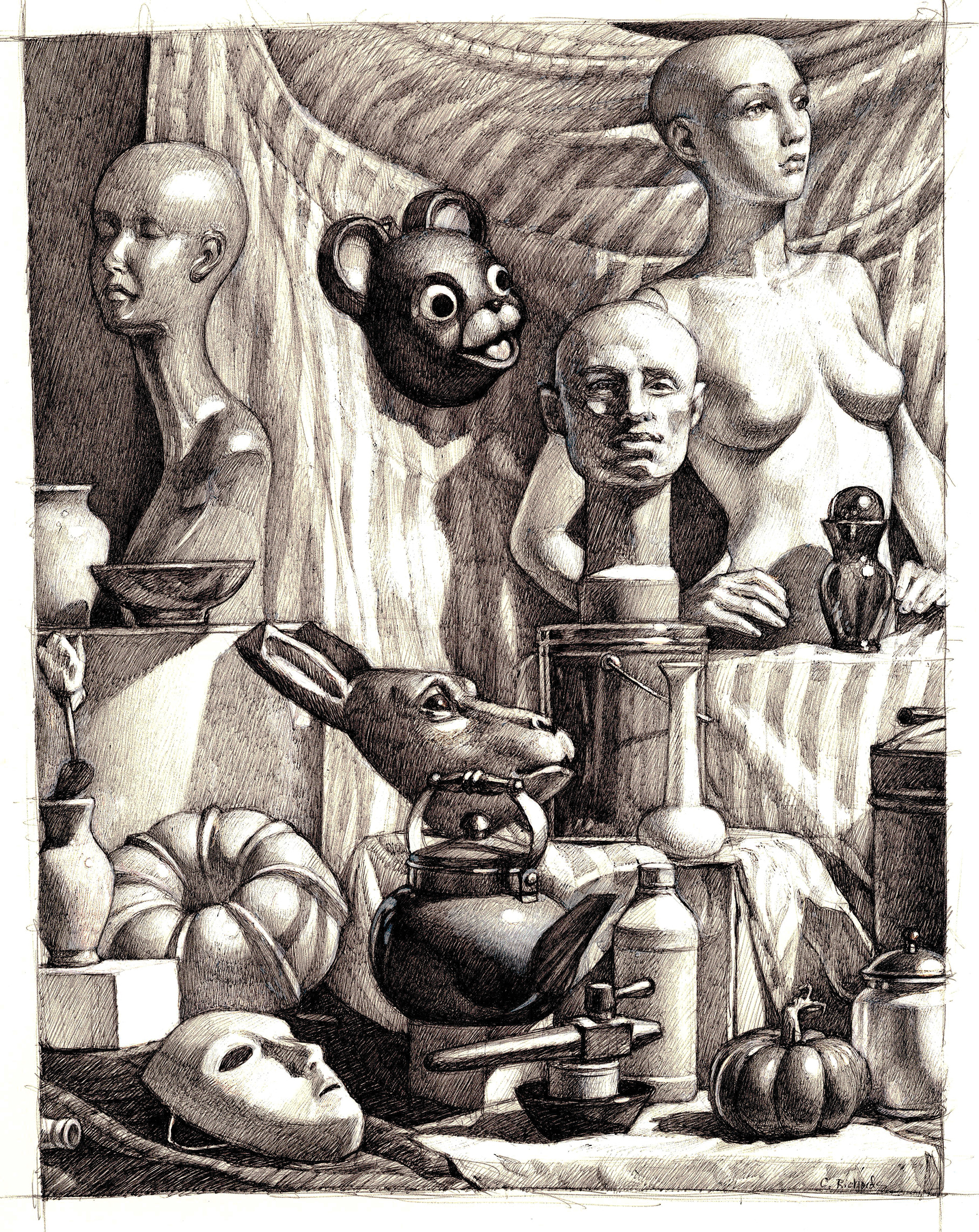 "Classroom Still Life", ballpoint pen on paper, 14" x 11"