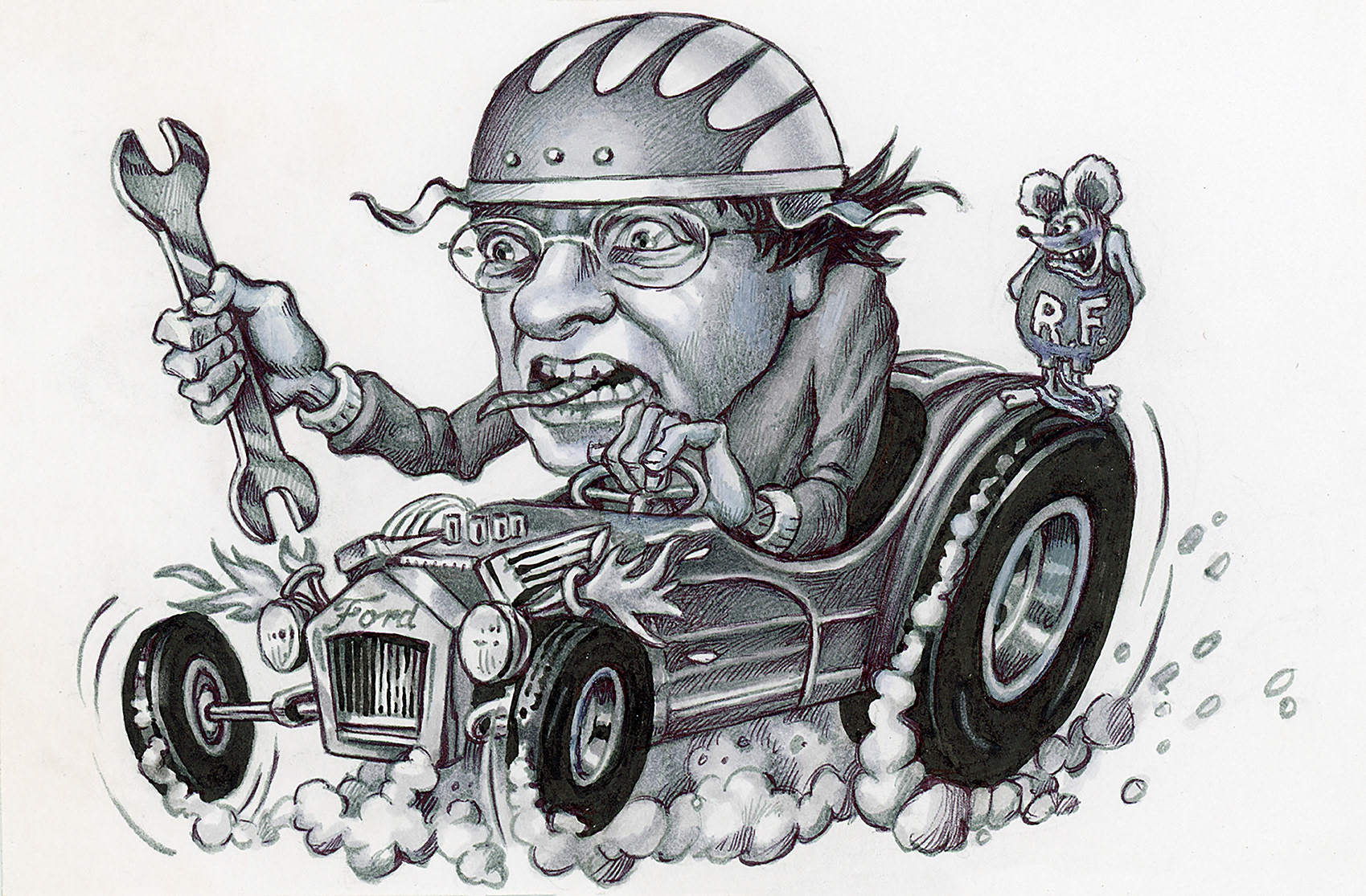 "Drag-Nut Chuck, inspired by Ed "Big Daddy" Roth", ballpoint pen and markers on bristol board