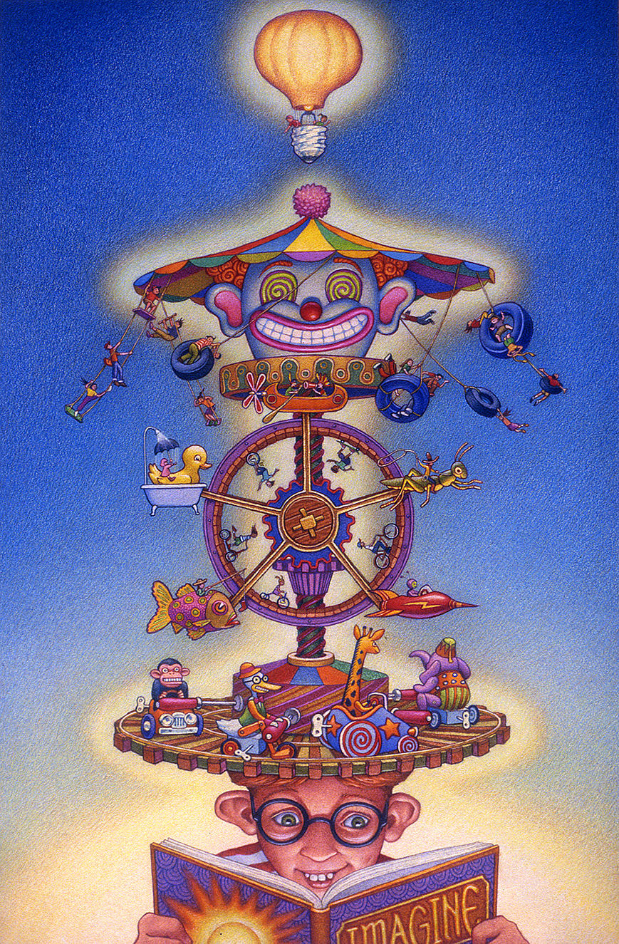 "Letters of Imagination: "I" is for Ideas", colored pencils over watercolor on paper, 15" x 10"