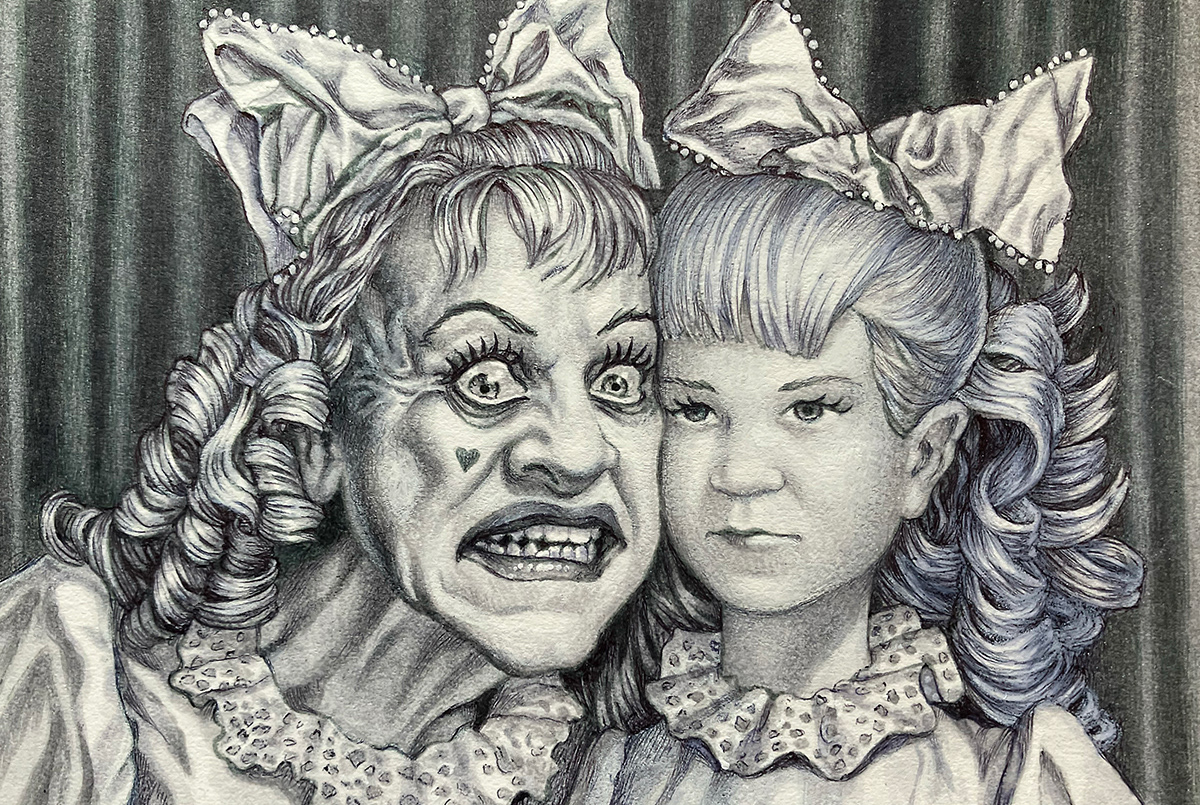 "Self-Portrait as Baby Jane Hudson", ink and white pencil on bristol board