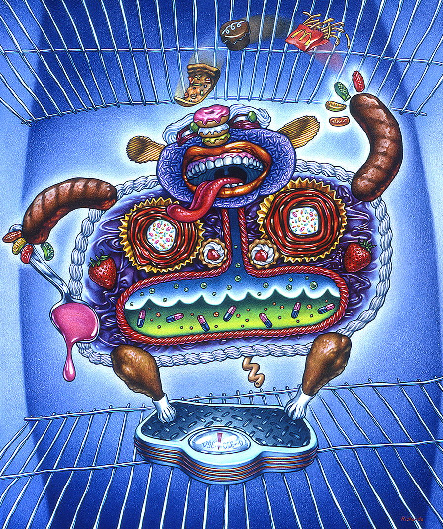 "Overeater's Scarecrow", colored pencils over watercolor on paper