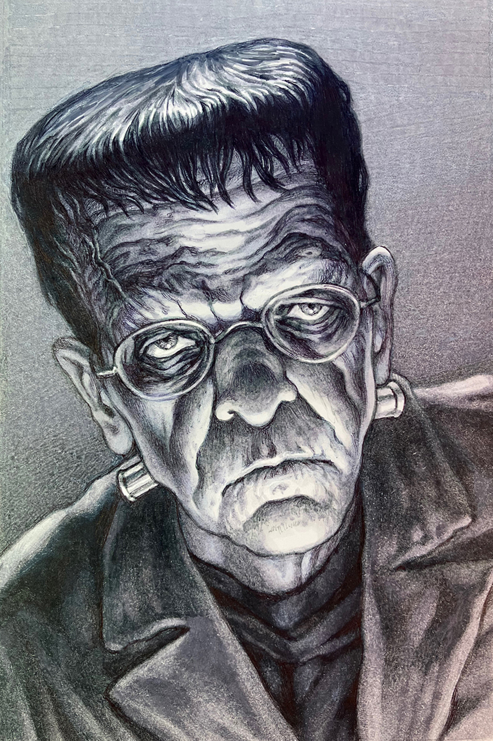 "Self-Portrait as Frankenstein's Monster", brush pens and fine ballpoint pen on bristol board