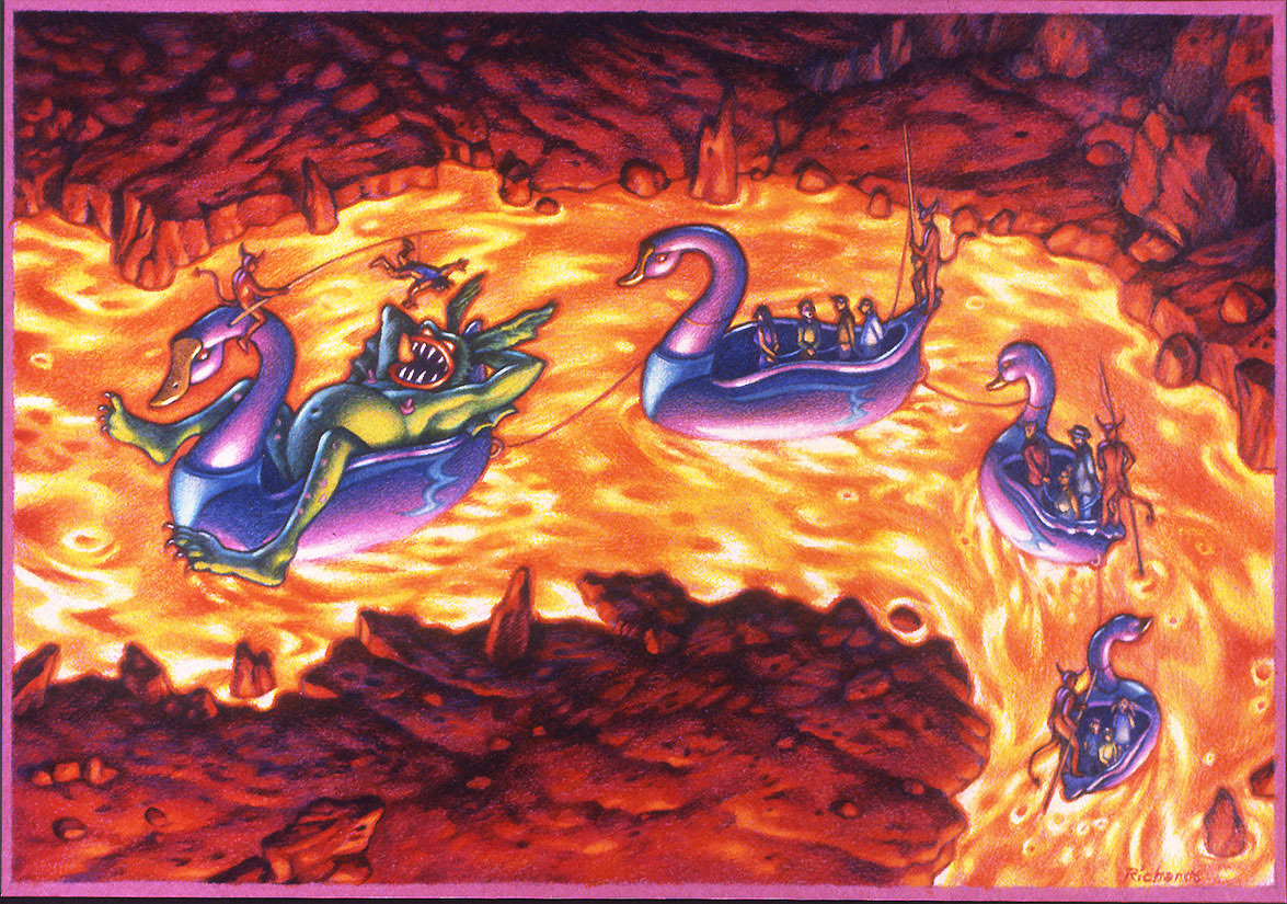 "Lunch on a Lazy River", colored pencils on magenta paper