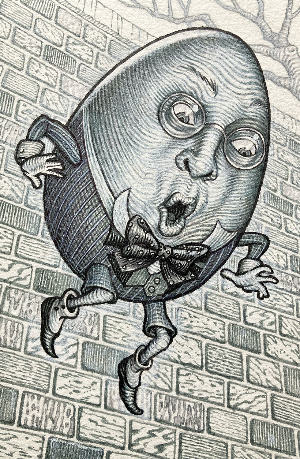 "Self-Portrait as Humpty Dumpty", ink and white colored pencil on watercolor paper