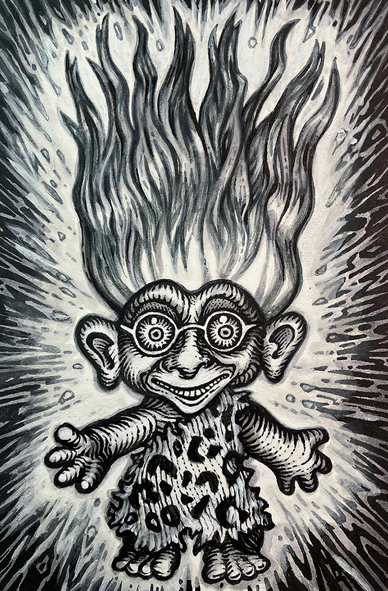 "Self-Portrait as a Troll doll",  ink on bristol board