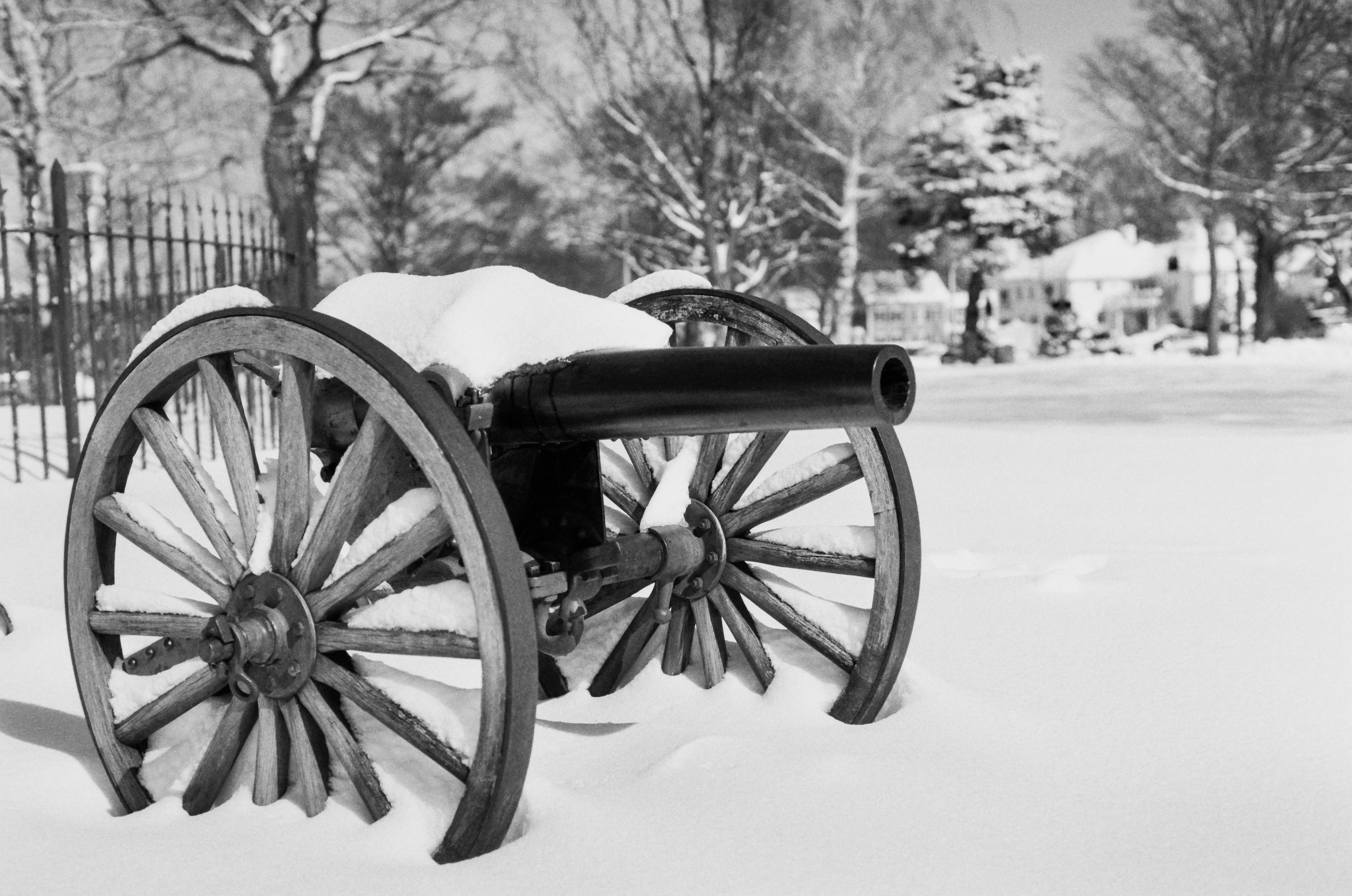 A vintage canon sits covered in snow on a winter day in a public park