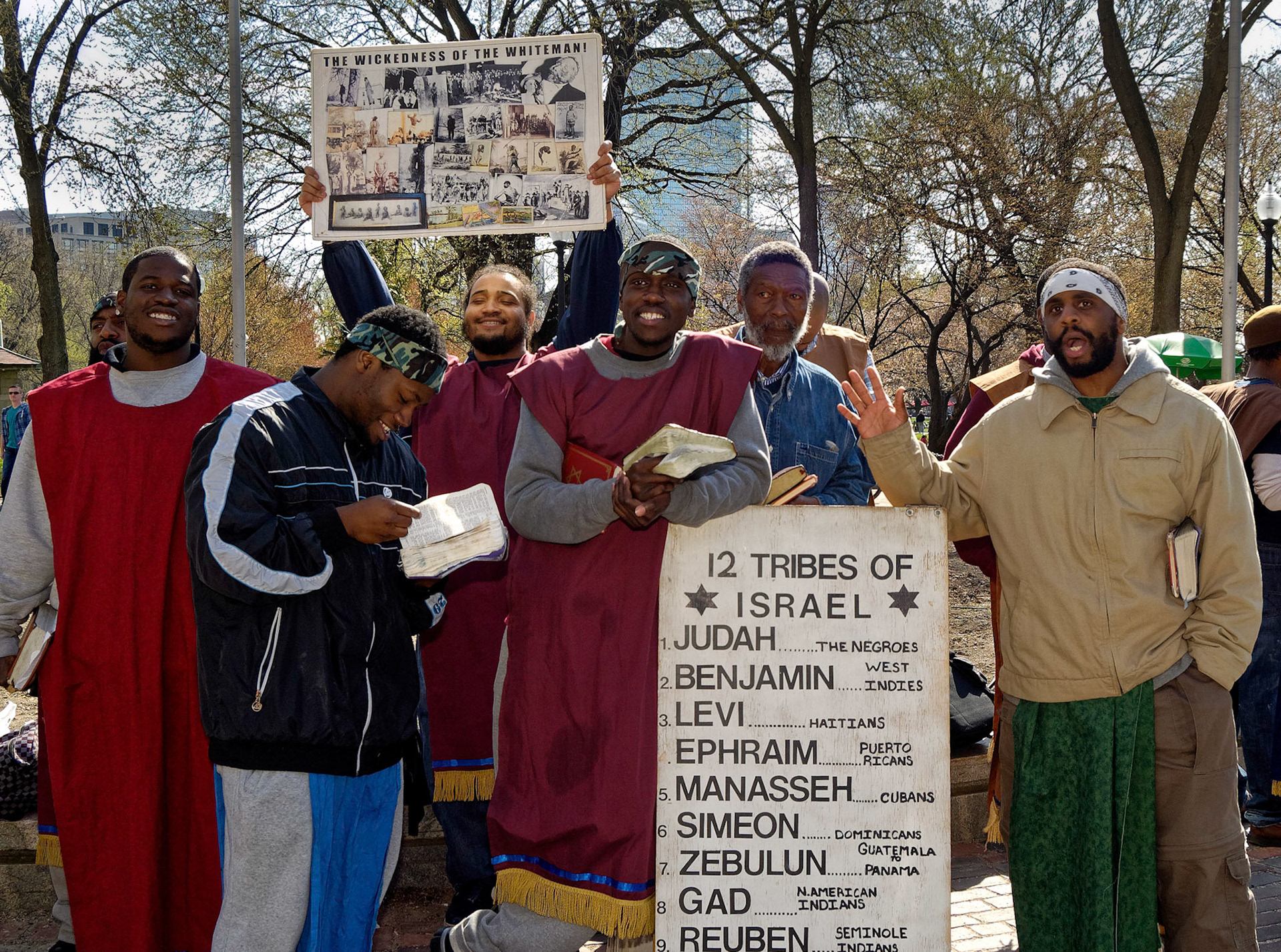 Black Hebrew Israelites rally in Boston, Massachusetts. They hold a sign expressing The Wickedness of the Whiteman.