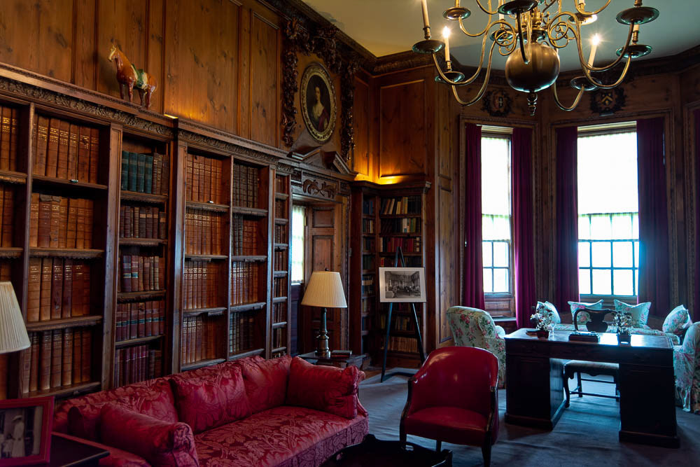English country style wood paneled library