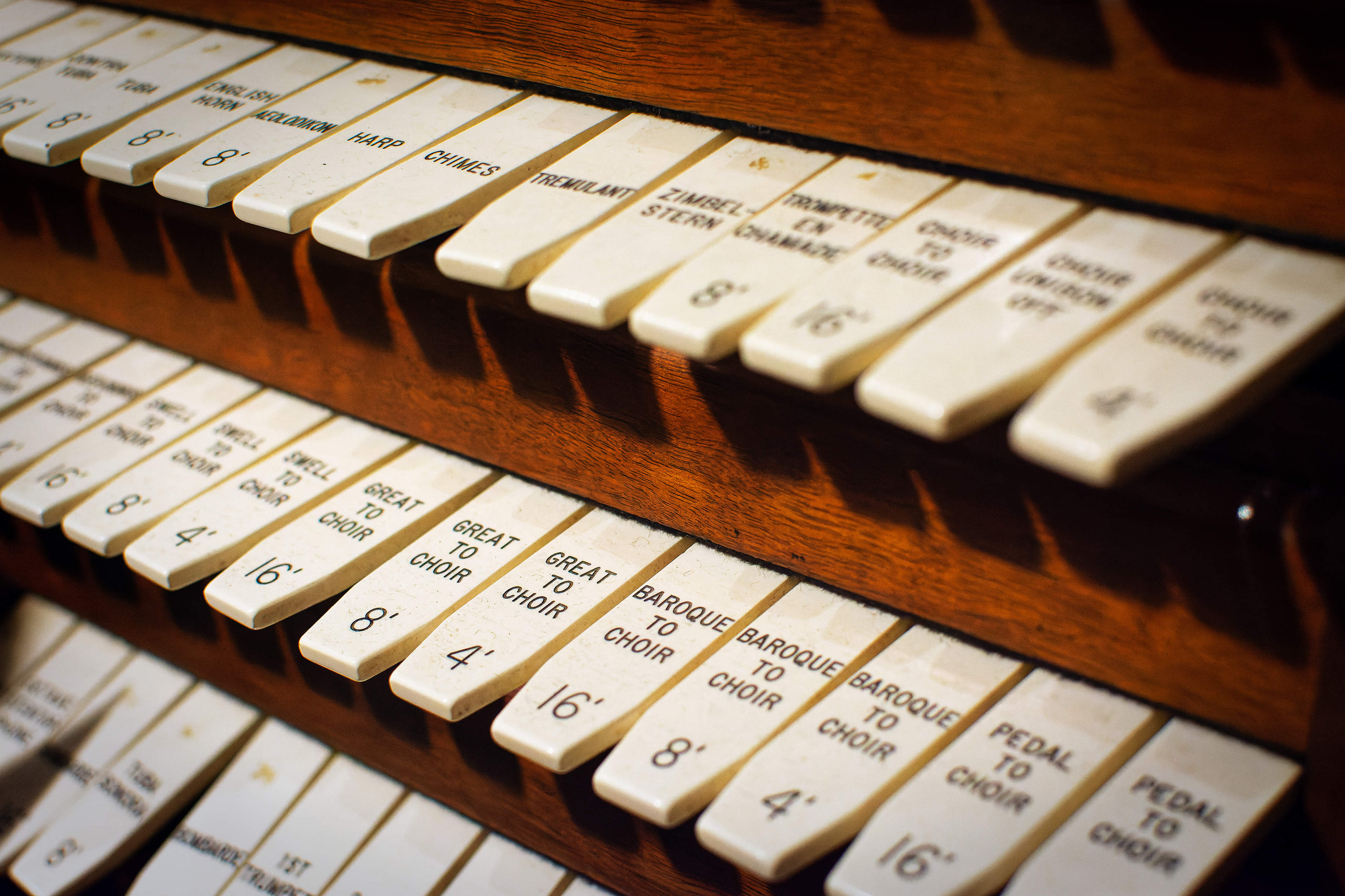 The keyboard of a vintage pipe organ