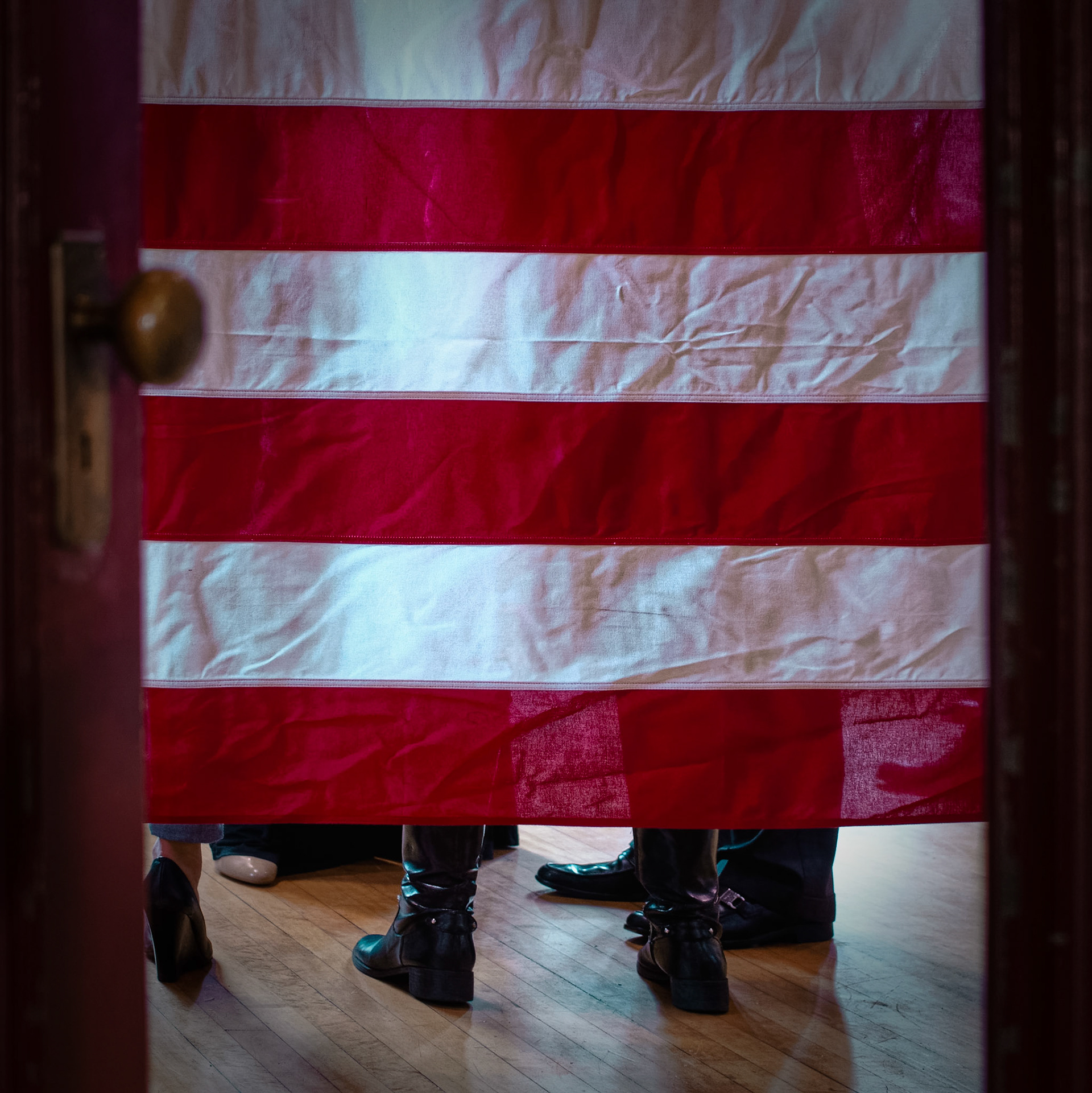 America flag hangs in doorway Melrose Massachusetts