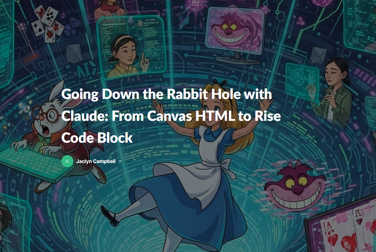 Computer code vortex with Alice in Wonderland inspired characters swirling and designers coding on screens. The presentation title overlays the image in bold white font.