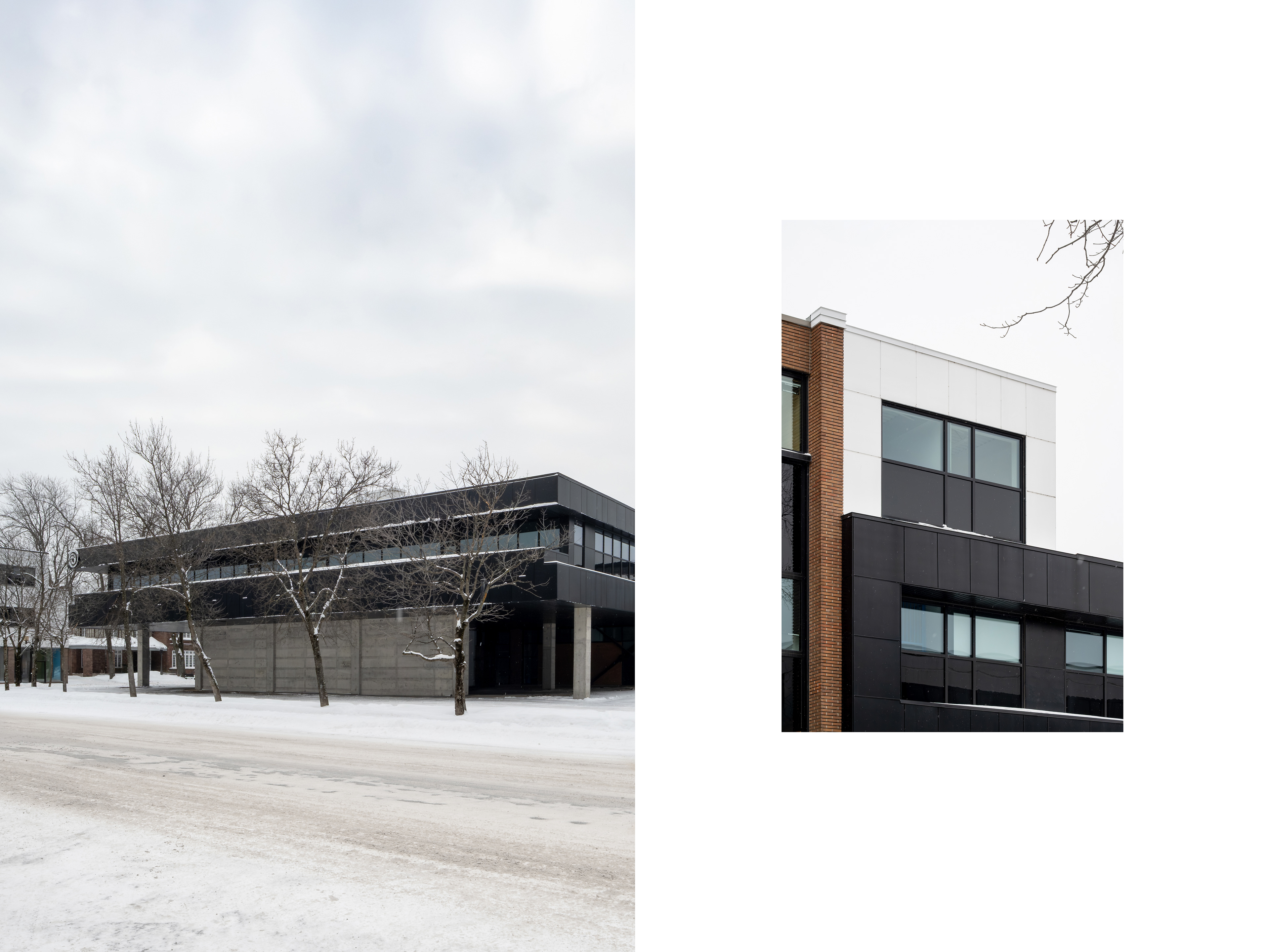 Bureaux Ubisoft Saguenay vus depuis la rue enneigée et Façade combinant brique et panneaux métalliques
