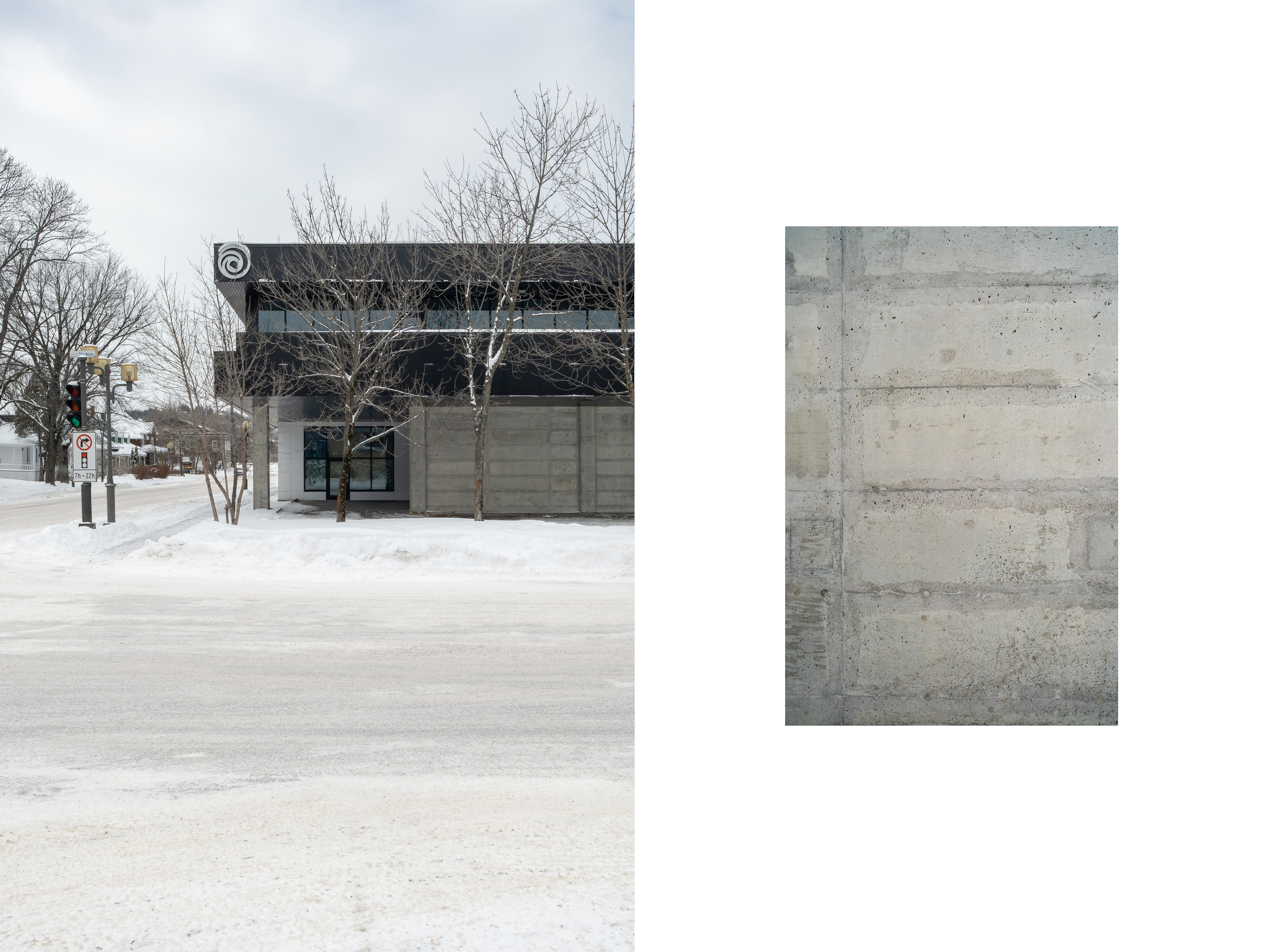 Implantation urbaine du studio Ubisoft à Chicoutimi et détail de béton apparent 