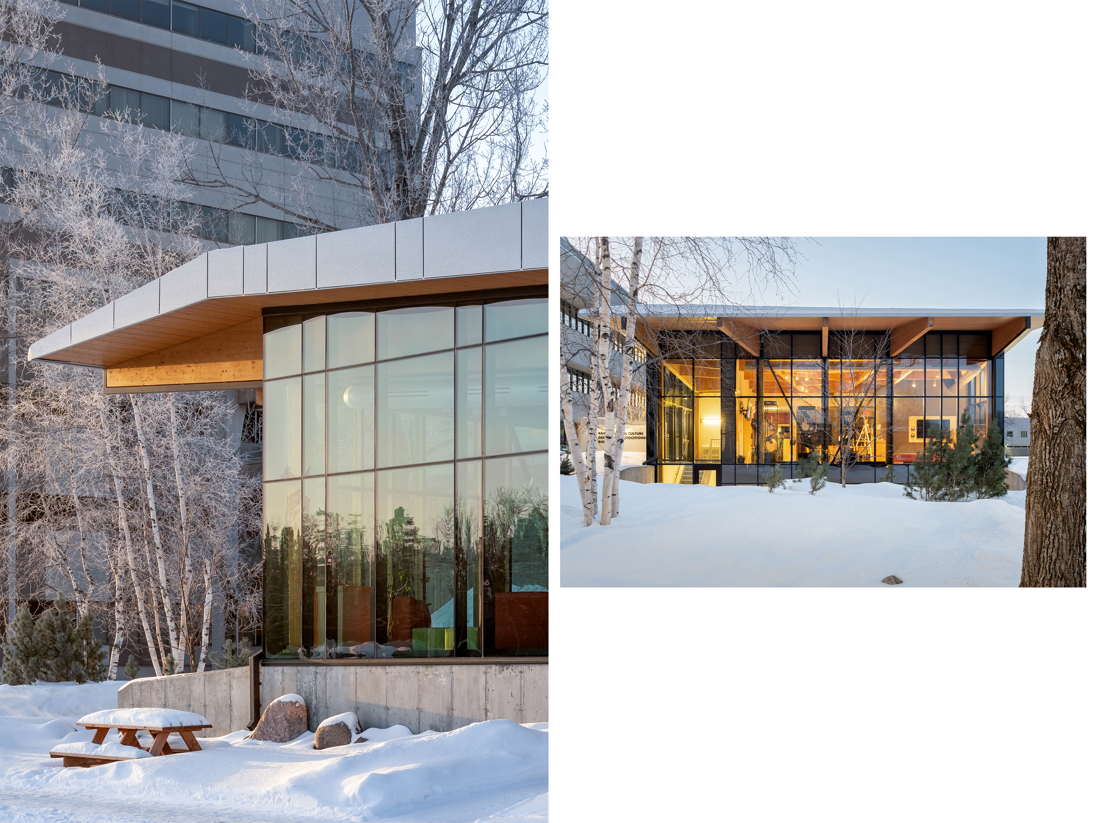 Détail architectural de la façade vitrée du pavillon de la culture des peuples autochtones