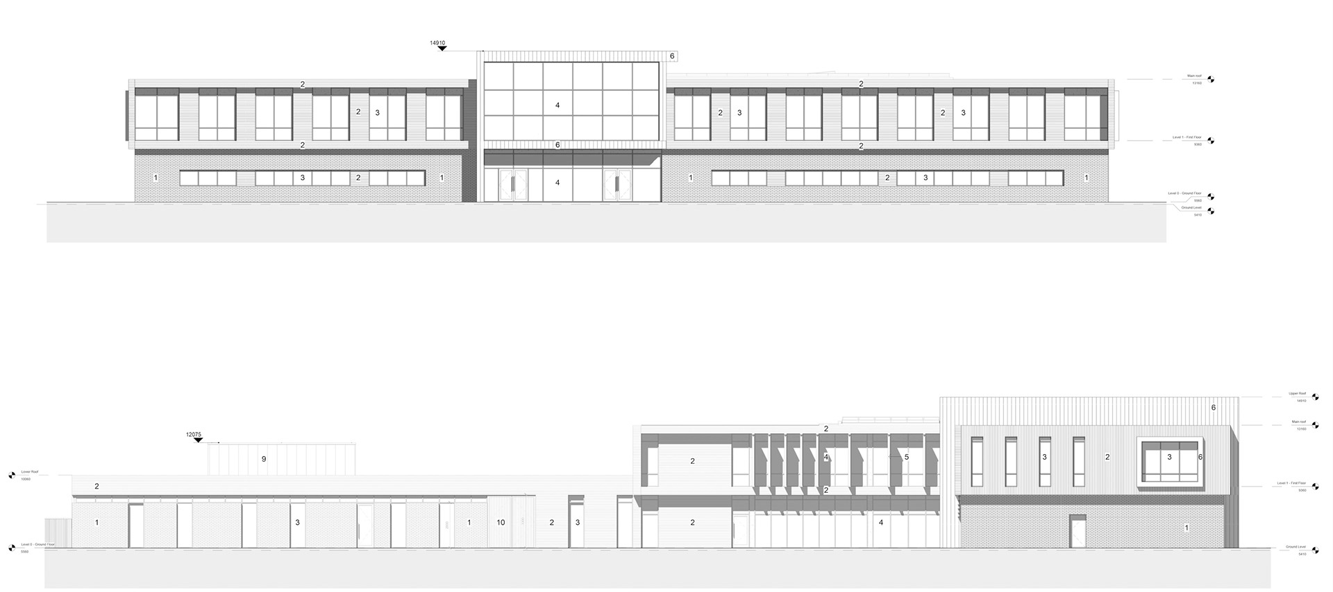 Proposed North (top) + East (bottom) Elevations
