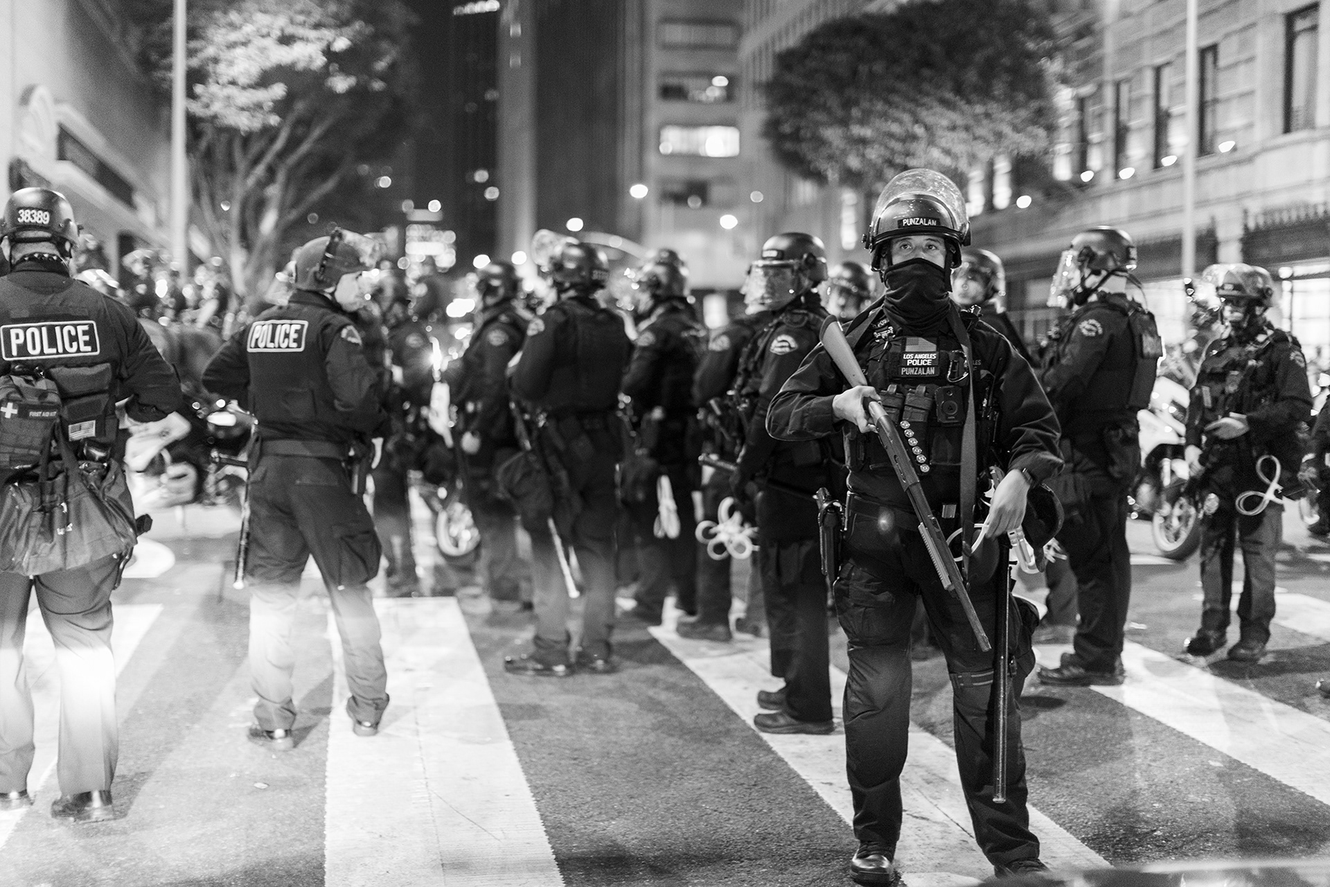 Los Angeles Police Department monitoring the streets of downtown Los Angeles the night the Dodgers win the 2020 World Series. Los Aneles, California. 2020