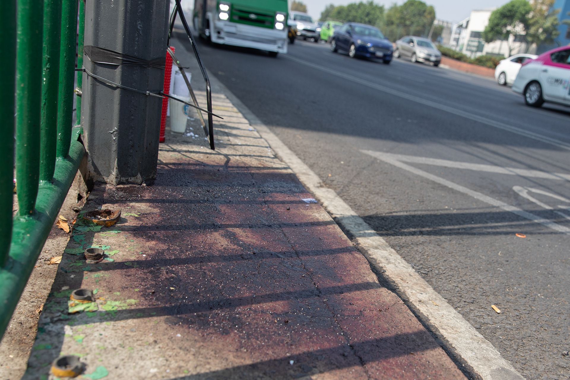 Bloodstains mark the location where Ximena Guzmán and José Muñoz, aides to Mayor Clara Brugada, were fatally shot. On assignment for Anadolu Agency. Mexico City, Mexico. May 20, 2025