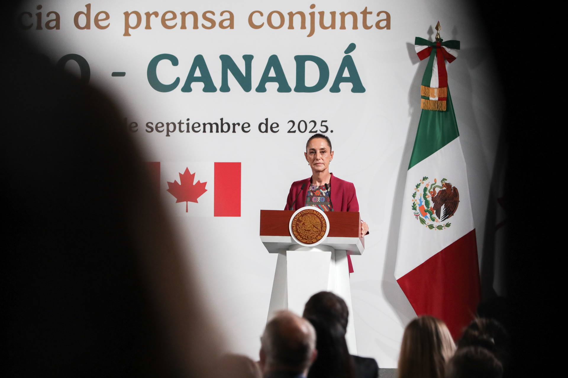  President Claudia Sheinbaum at a press conference during Prime Minister Mark Carney’s visit to the National Palace. Mexico City, Mexico. 2025 