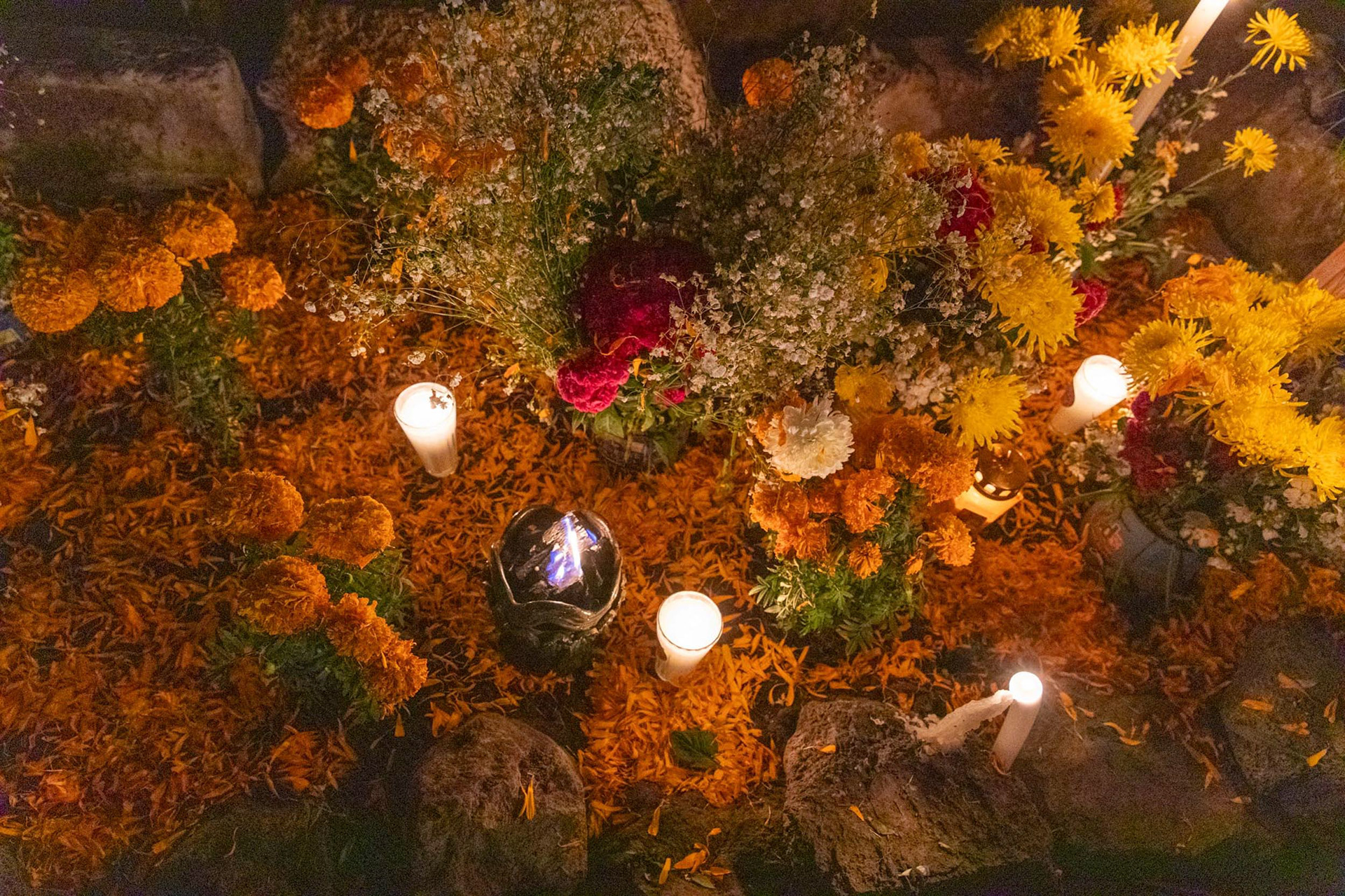An ofrenda/altar for Día de los Muertos (Day of the Dead) is covered with candles and flowers. The cempasúchil flowers (Aztec marigolds) are one of the four elements: water, wind, earth, and fire.