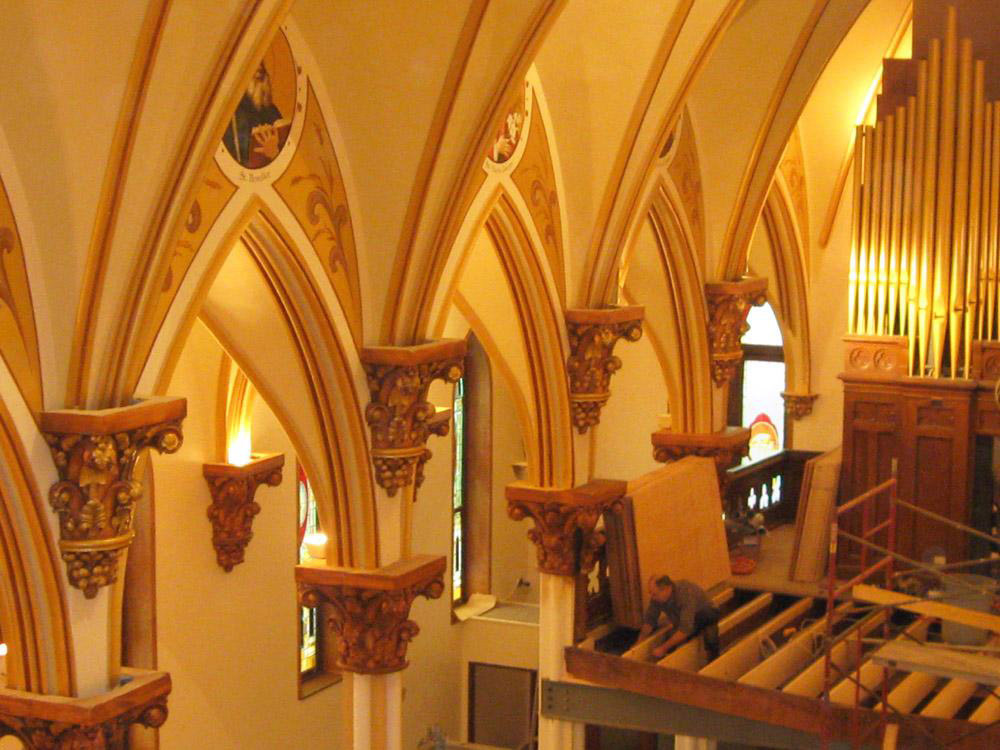 St Augustines Church Restoration Project-gilding, marbling, wood graining and ornament applications. Robert Ireland contributed to this group project