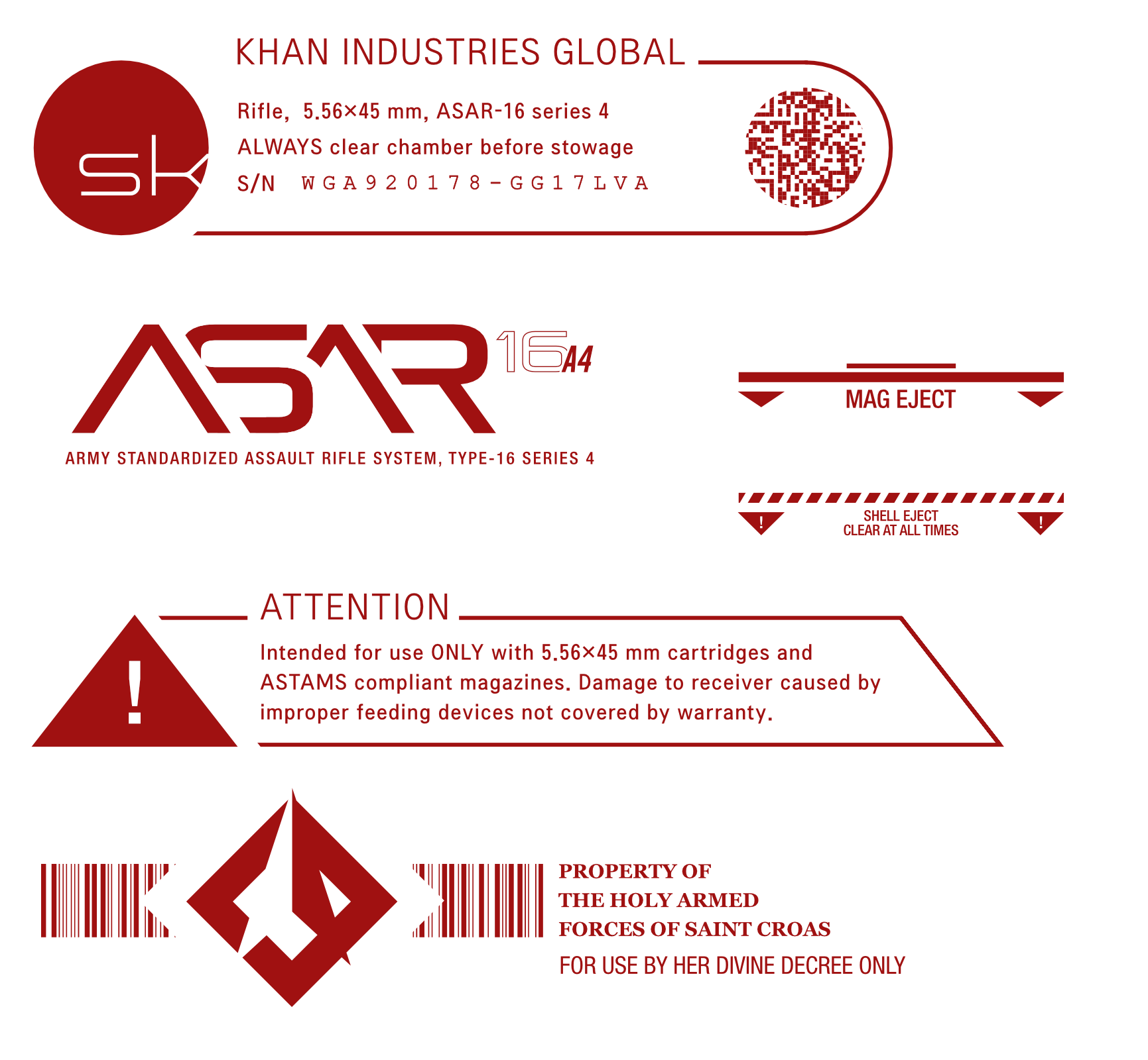 Various visual designs depicting a logo and markings for a gun