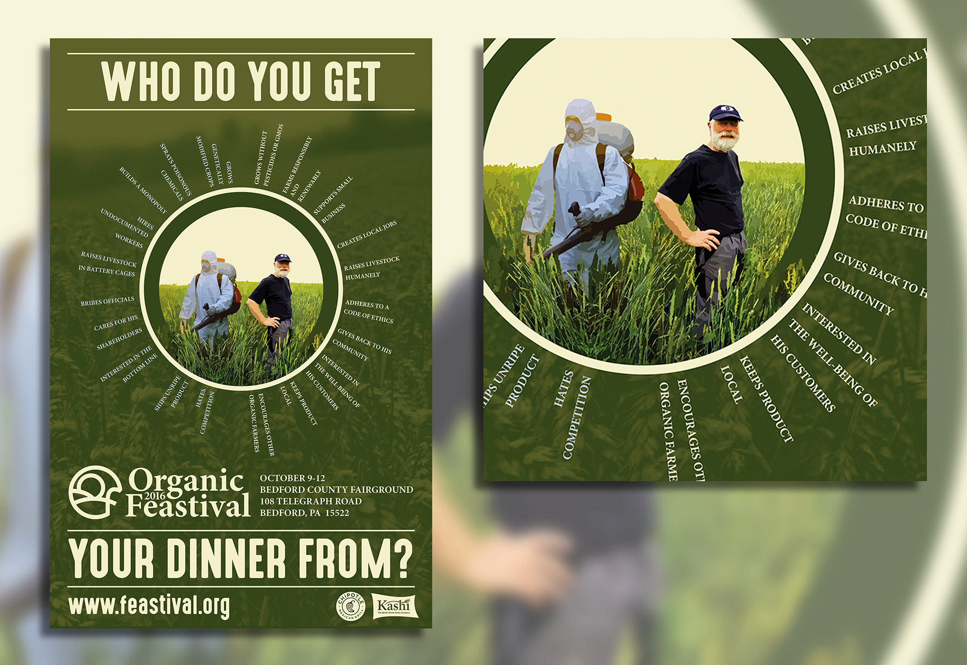 A poster constrasting an organic farmer and a non-organic farmer.
