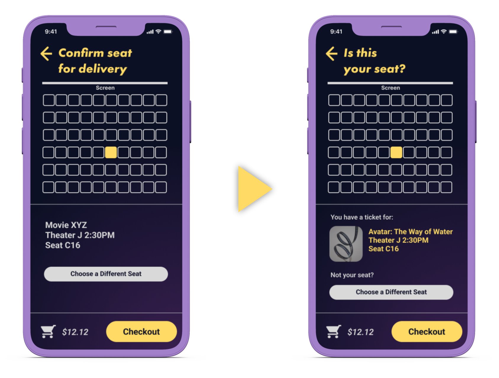 How the SeeFood seat selection screen changed after the second usability study. The headline reads "Is this your seat?" instead of "Confirm seat for delivery" and the layout of the user's ticket has been rearranged.