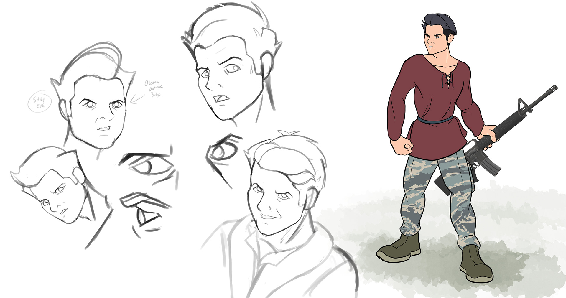 Character design sheet. A drawing of a man wearing a tunic holding a rifle, next to several sketches of his face.