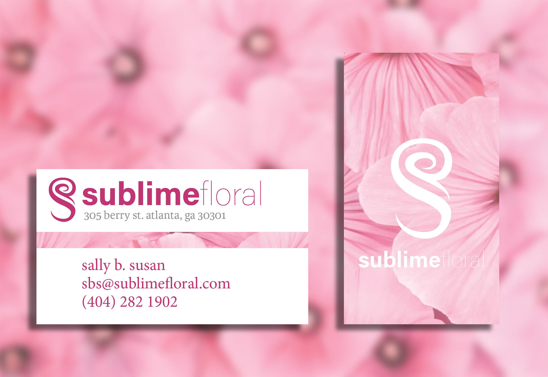 A pink business card bearing the Sublime Floral branding style.