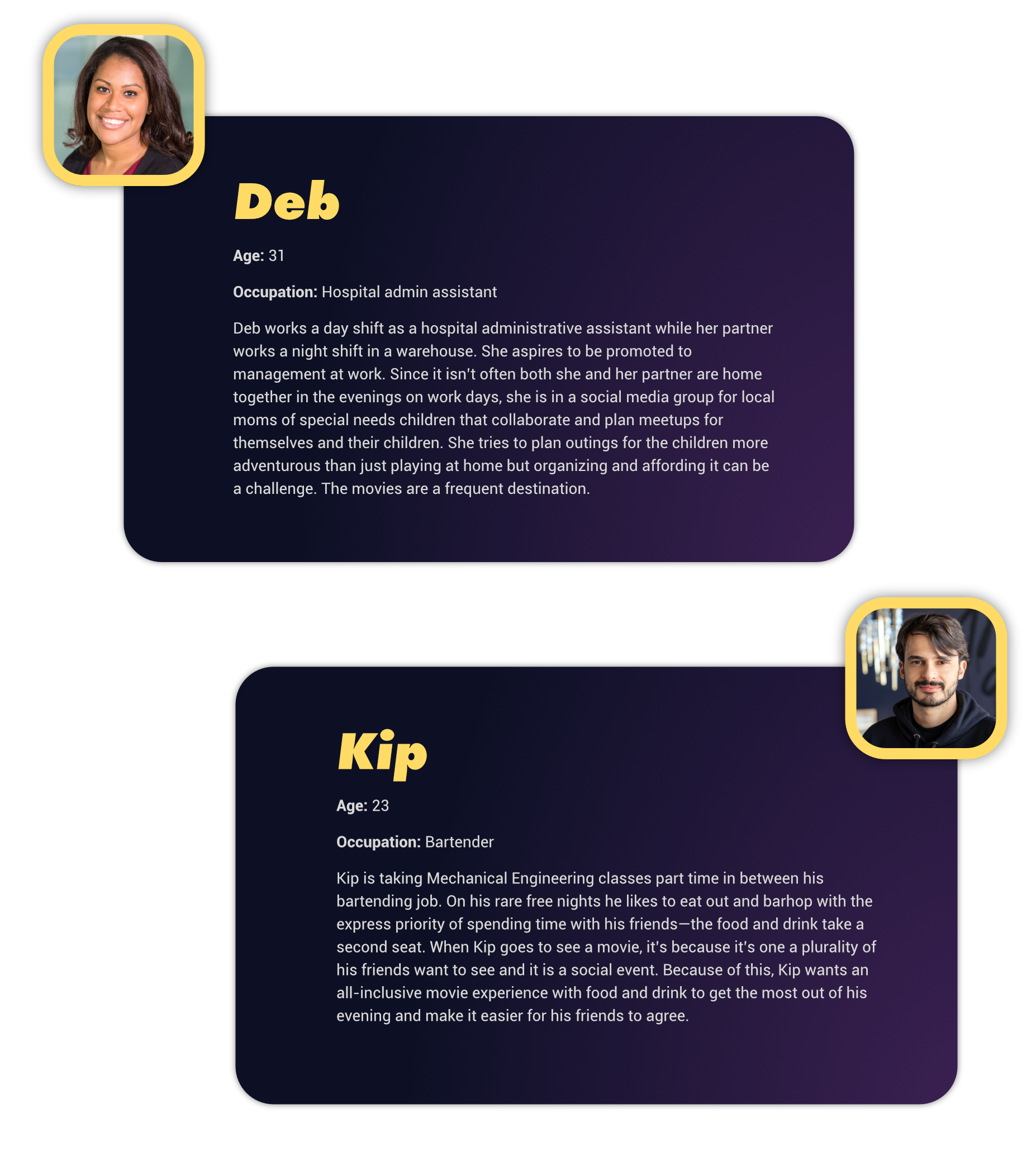 Two personas created for the SeeFood project, Deb and Kip