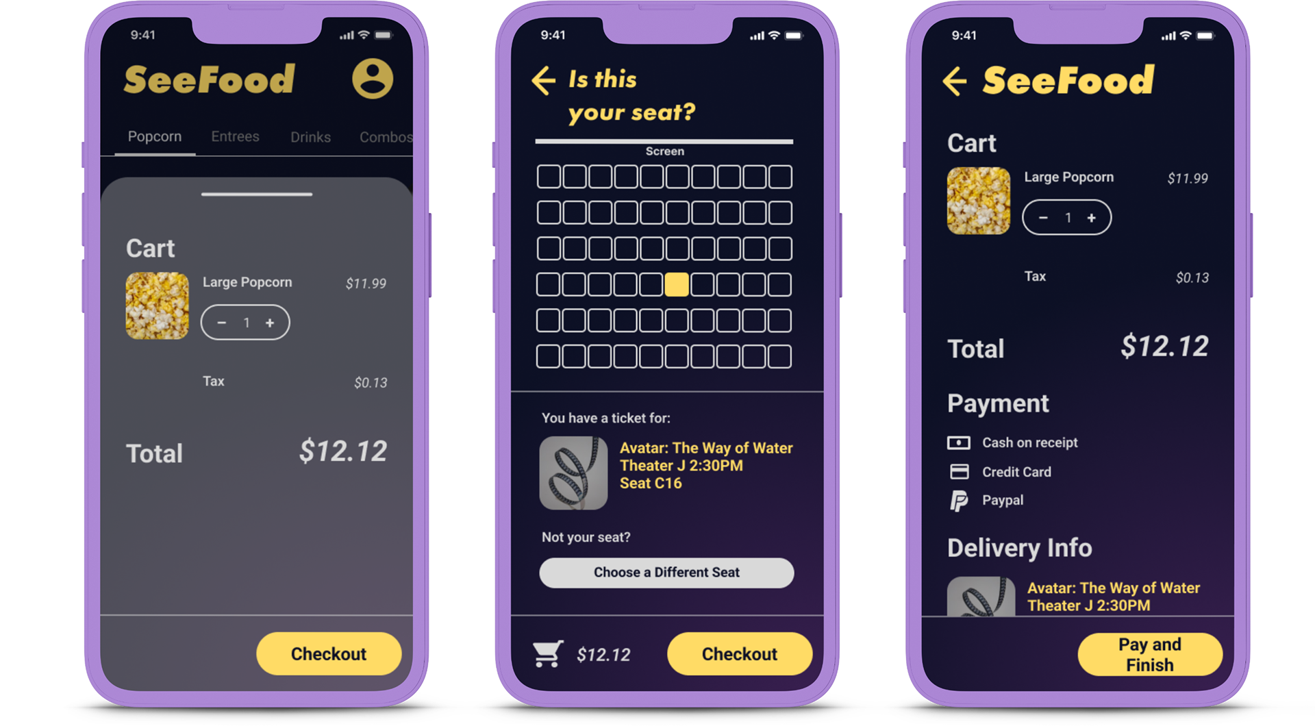 Three smartphones displaying the SeeFood app. The left shows the cart drawer, the middle shows the seat selection screen, the right shows the checkout screen.