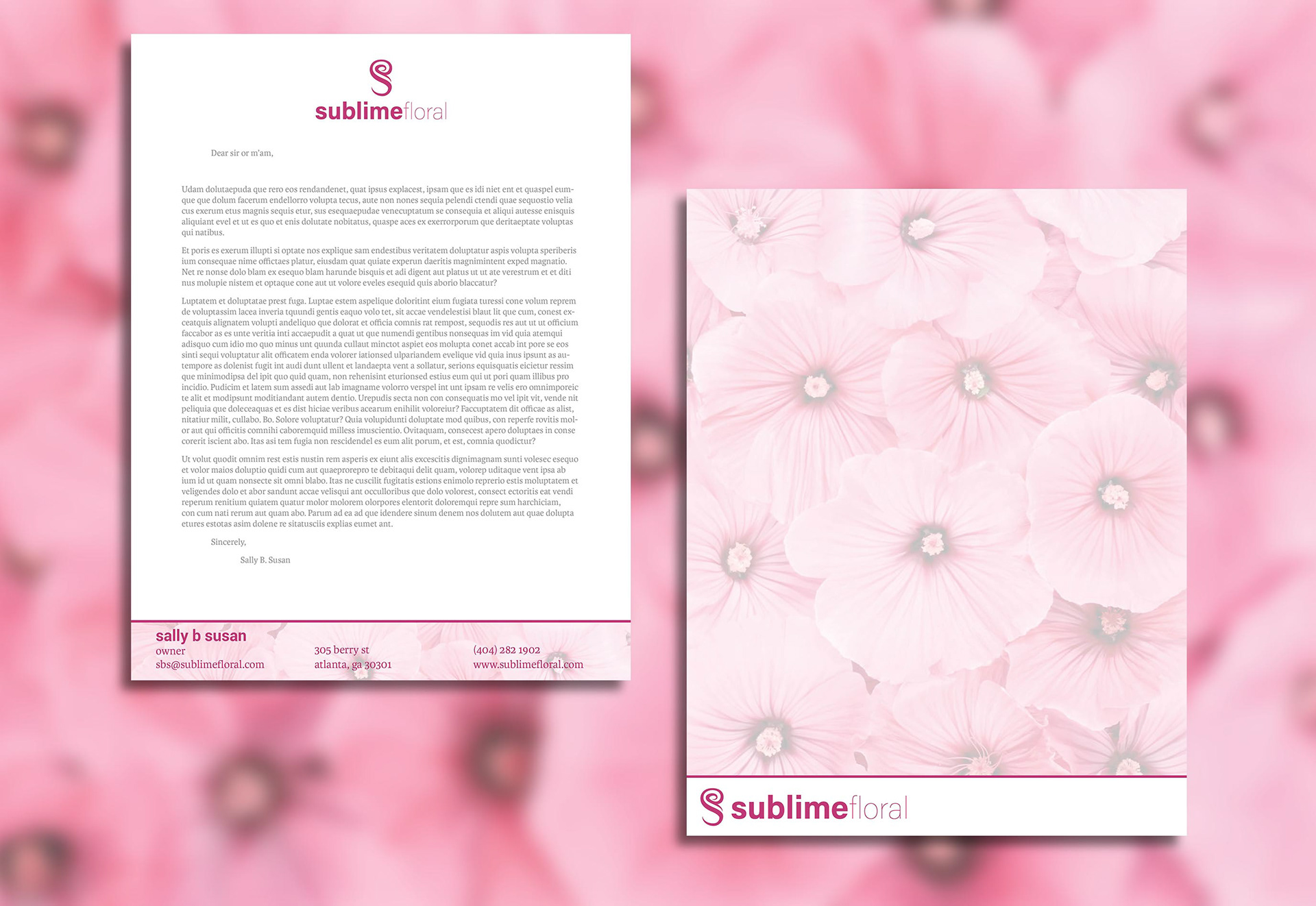 A pink letterhead bearing the Sublime Floral branding style.