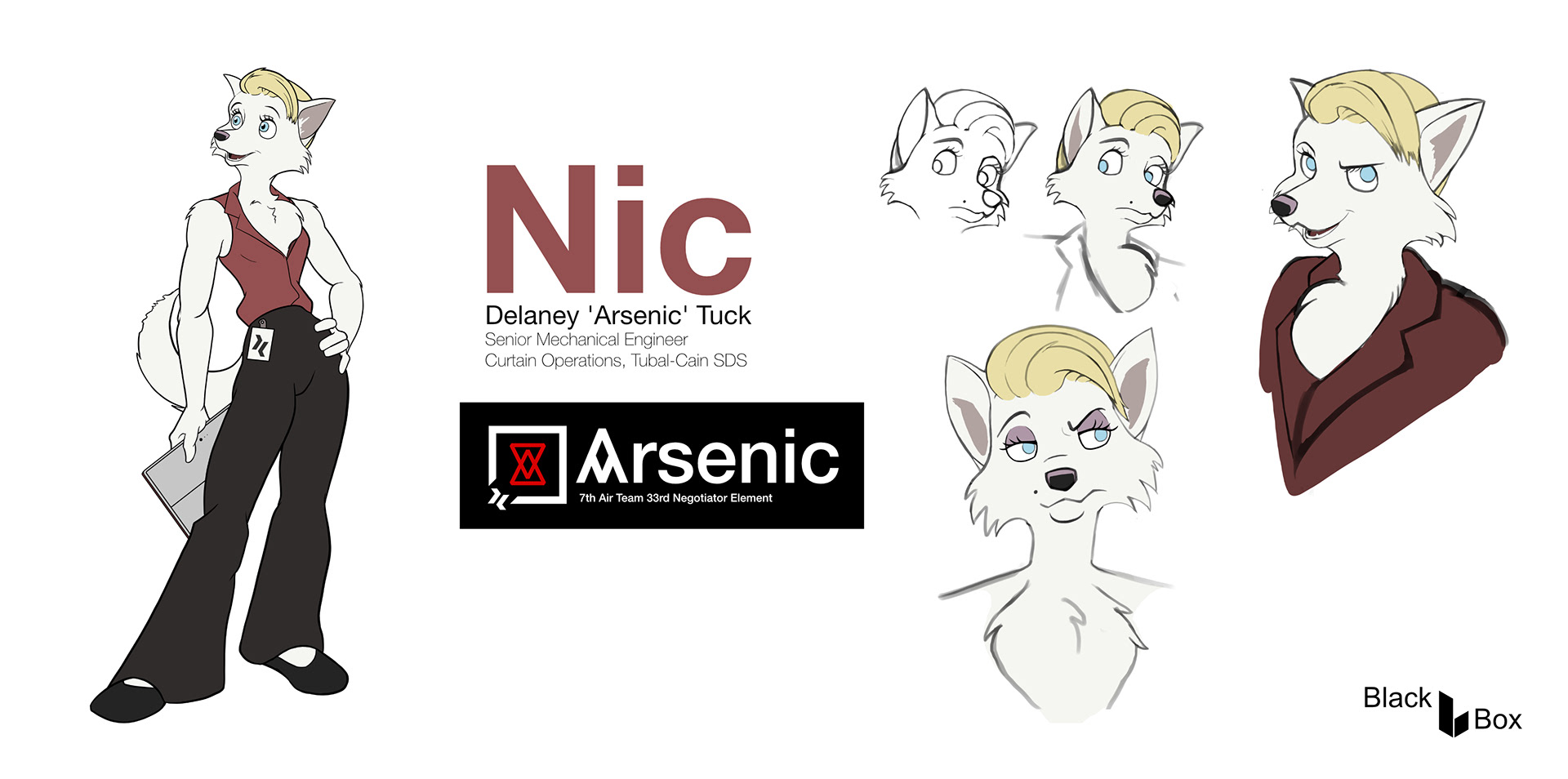 Character design sheet. A drawing of dog character holding a tablet computer, next to several sketches of her face.