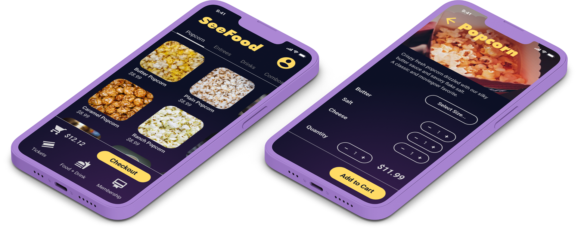 Two smartphones using the SeeFood app. One screen is the main menu, the other is a food item.