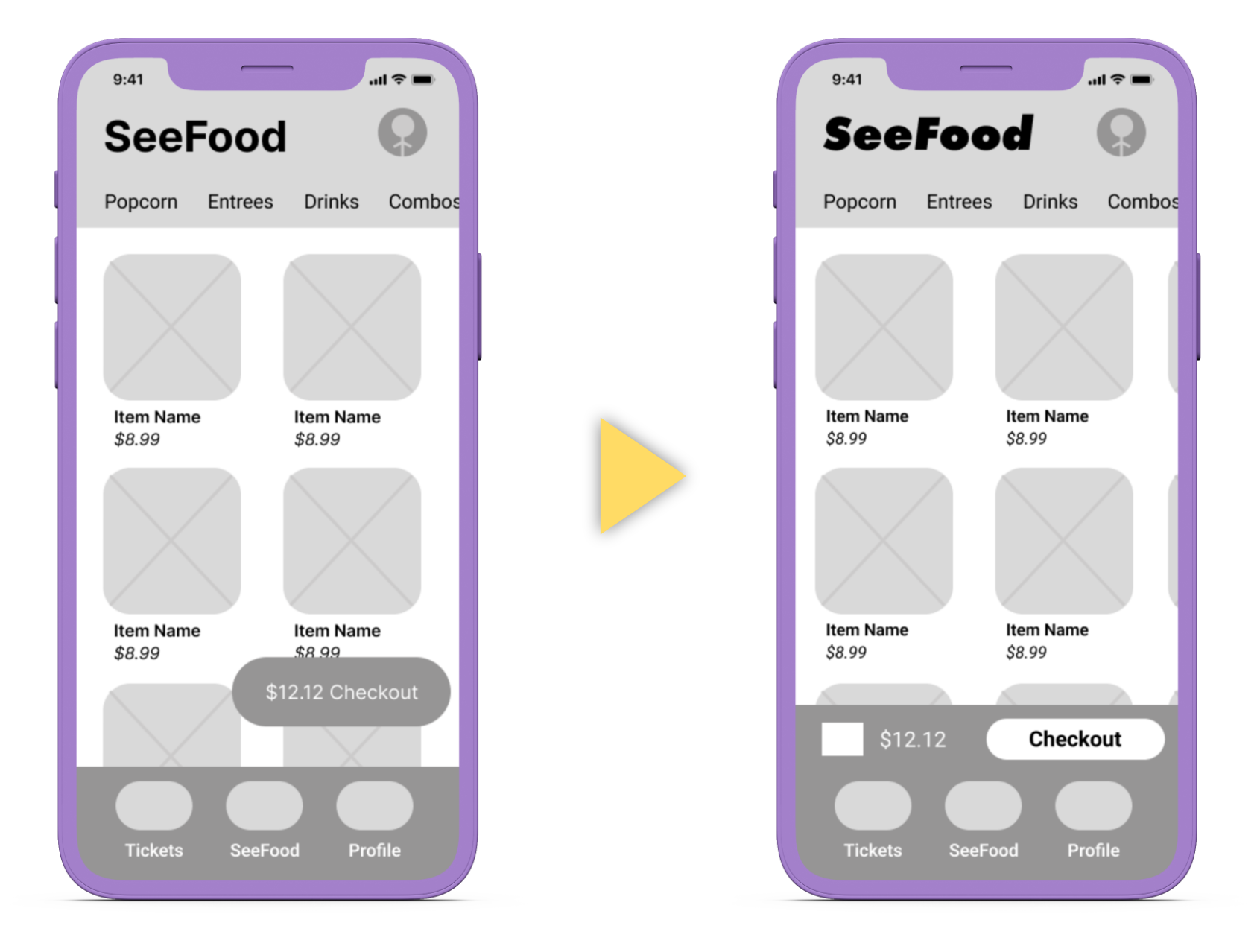 How the SeeFood main menu screen changed after the first usability study. The checkout button has been moved down and into an isolating bar.