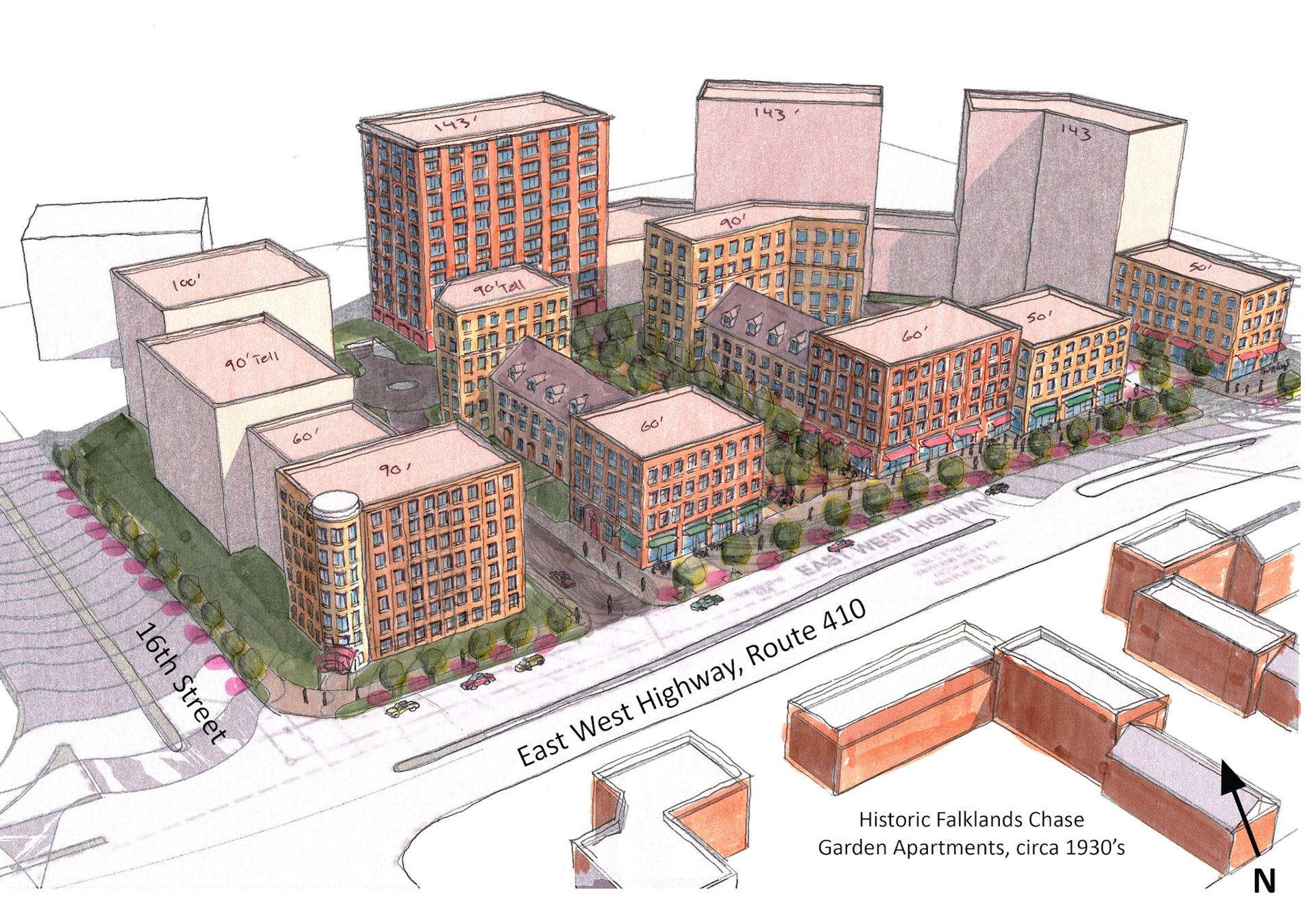 The site is adjacent to the Silver Spring Station of the Metro Red Line, making it ideal for higher density in accord with County and State Smart Growth Policy. This sketch, done in ink and marker over a sketchup massing diagram, illustrates one way a higher density development might occur. Buildings along East West Highway would range between 60’ and 90’ to maintain compatiblity with the lower heights of the remaining historic garden apartments to the south, stepping up in height towards the rear of the property.