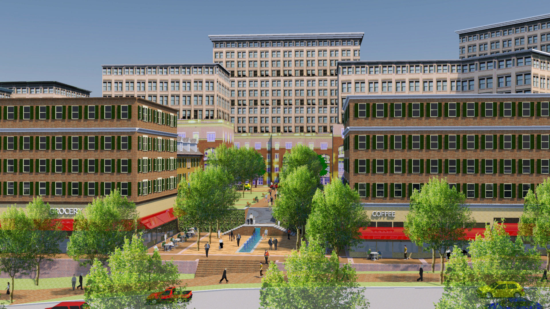 In this view the development along East West Highway is limited to 60’, with retail uses on the ground floor that activate the street. Wide, tree-lined sidewalks set back from high volume, fast moving traffic.