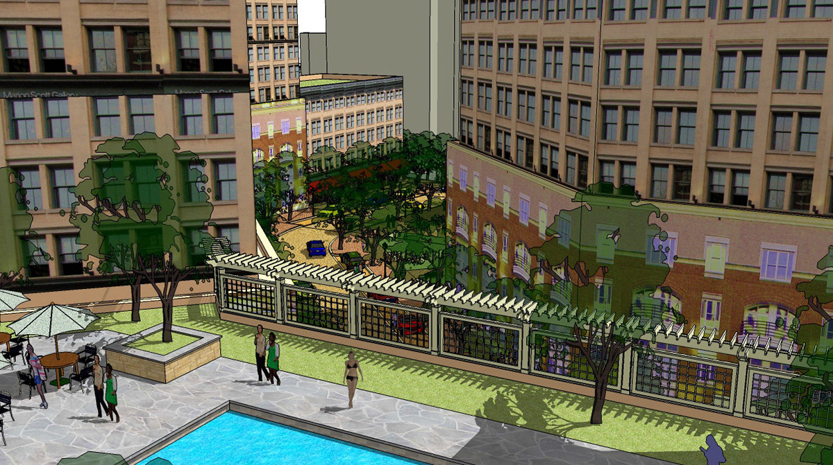 This view, taken from a sketchup model, shows the interior streets and amenities in the future development. The streets will have wide, tree- lined sidewalks with private entryways directly onto the street, creating a quiet, residential enclave separated from more active East West Hwy.
