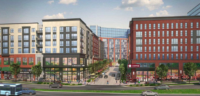 This view, by the developer, shows the approved development for Falklands north.  Though different in style from the previous illustrations, it is in keeping with the Smart Growth goal of higher mixed-use development adjacent to mass transit.