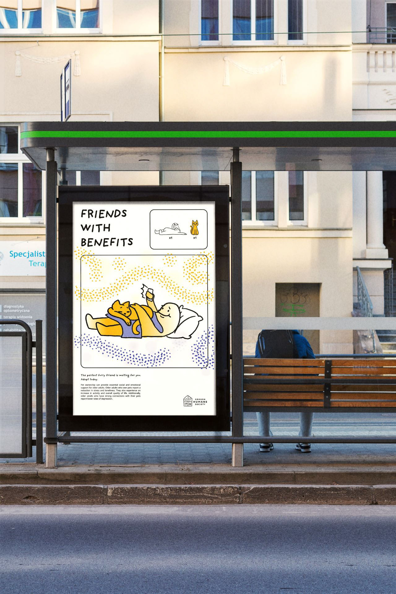 "Friends with Benefits" cat adoption bus shelter mockup.